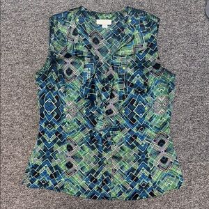 Tahari Blue and Green Ruffled Graphic Blouse